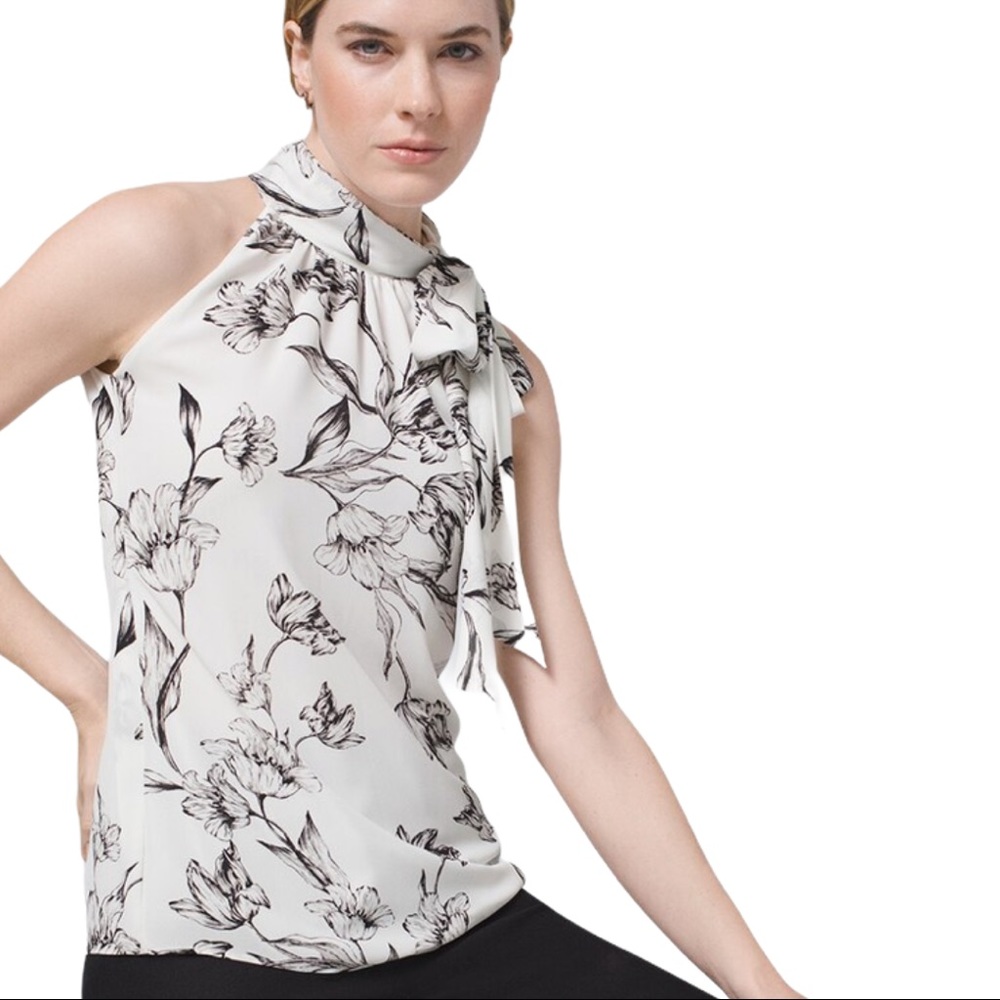 White House Black Market White Floral Tie-Neck Sleeveless Blouse
